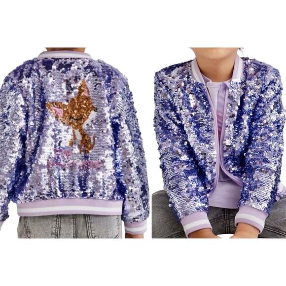 H&M Girls Purple Playful Flip Sequin Bomber Jacket Whimsical Cat Design Sz10-12 - Picture 3 of 16